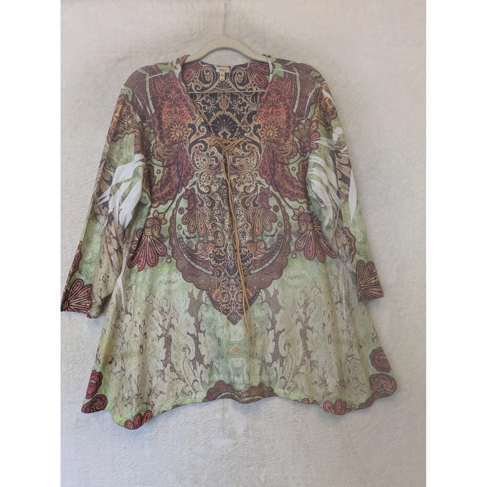 Reba Tunic Top Women's XL Green Paisley Lace Up Metallic Rhinestone 3/4 Sleeve